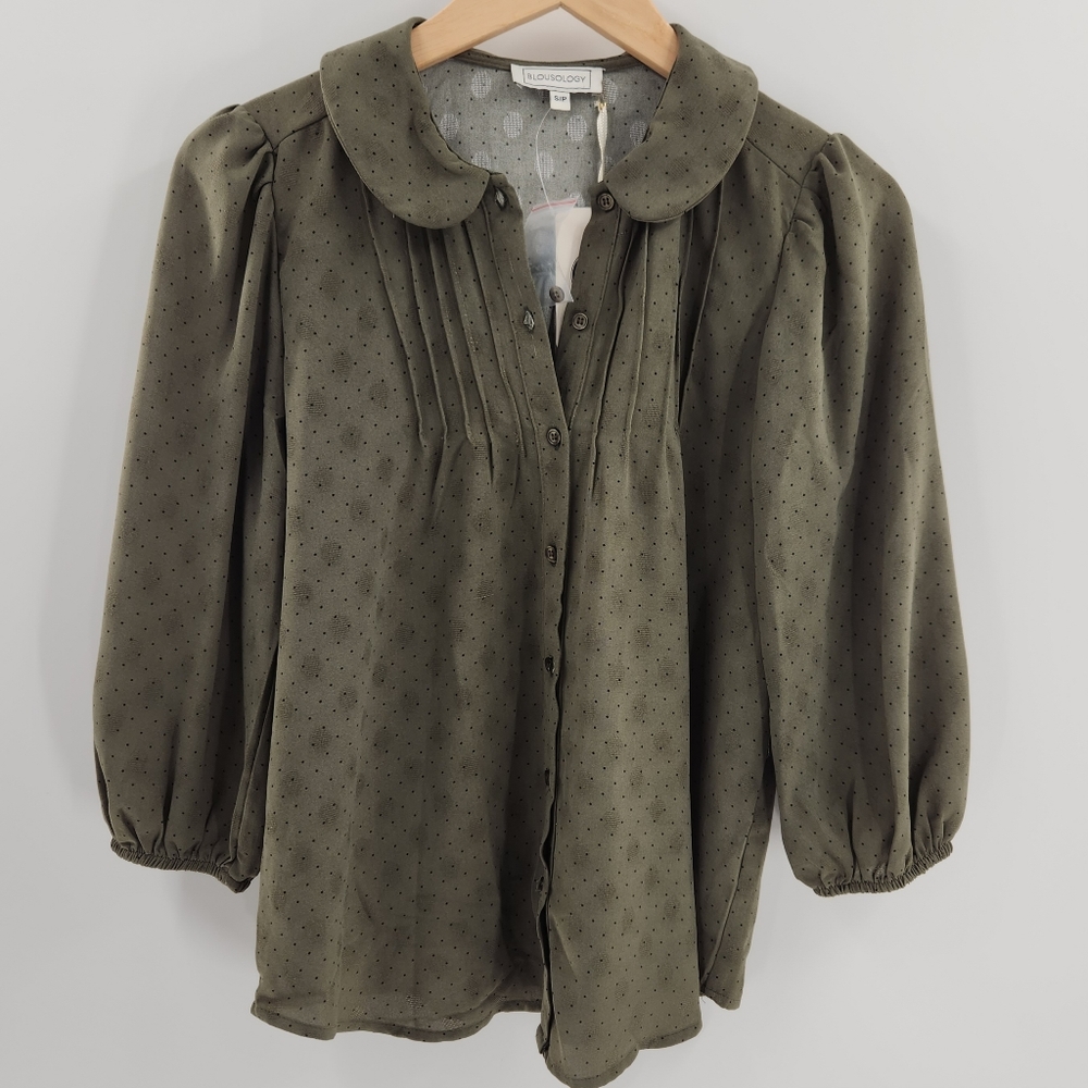 Blousology 3/4 Sleeve Olive Green w/ Peter Pan Collar Womens Size Small